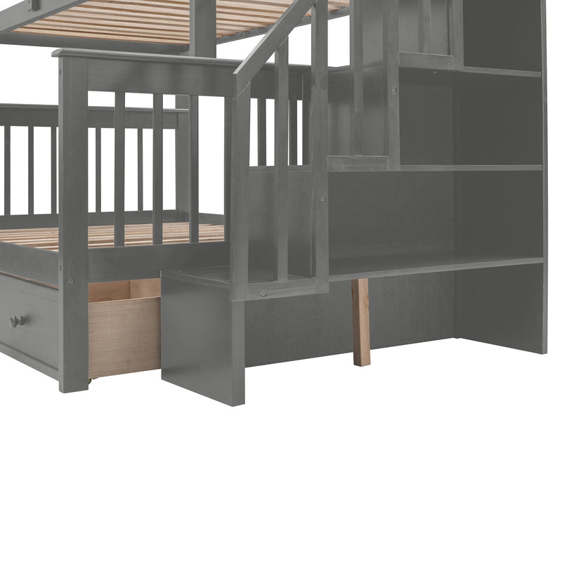 DreamHaus stairway bunk bed with built-in storage, guard rail, and sturdy wooden frame for bedroom sleep space.