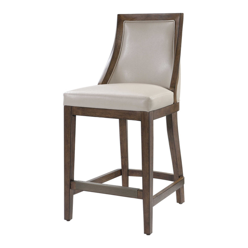 Uttermost Purcell beige counter stool with wooden legs and upholstered seat, suitable for counter height 24-27 inches.