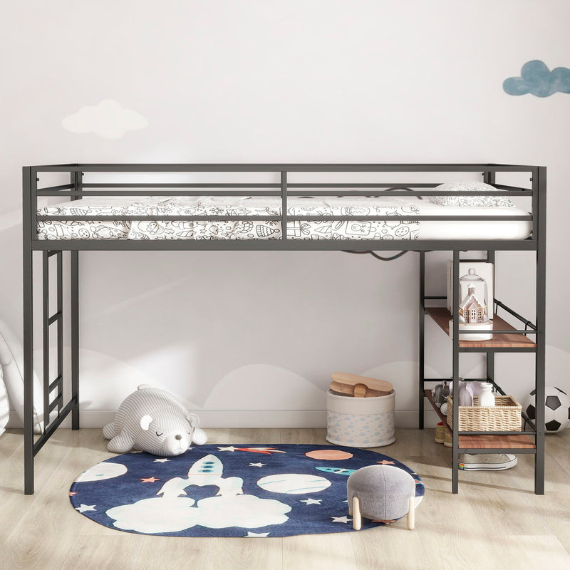 Adam - Twin Loft Bunk Bed With Cinnamon Wood Shelf - Black - R&R Furniture Gallery (Fountain Valley, CA)