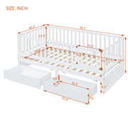 DreamHaus storage daybed with fence guardrails, two drawers, convertible into a floor bed and daybed, in a modern bedroom setting.