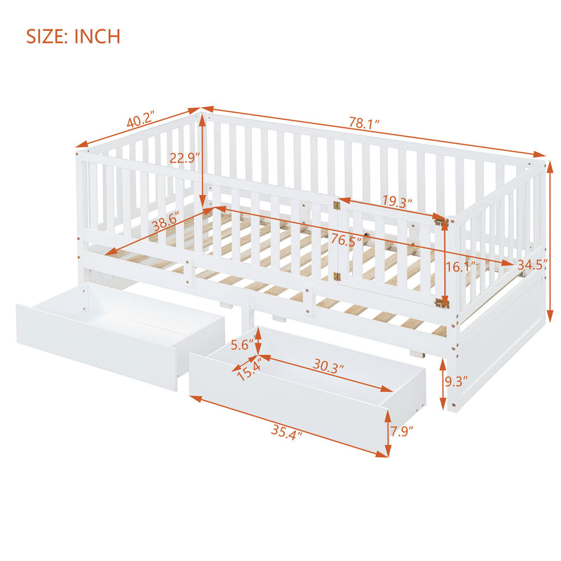 DreamHaus storage daybed with fence guardrails, two drawers, convertible into a floor bed and daybed, in a modern bedroom setting.