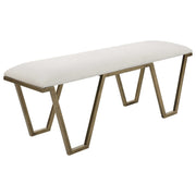 White geometric accent bench by Uttermost featuring a modern, angular design with a sturdy frame and sleek finish.