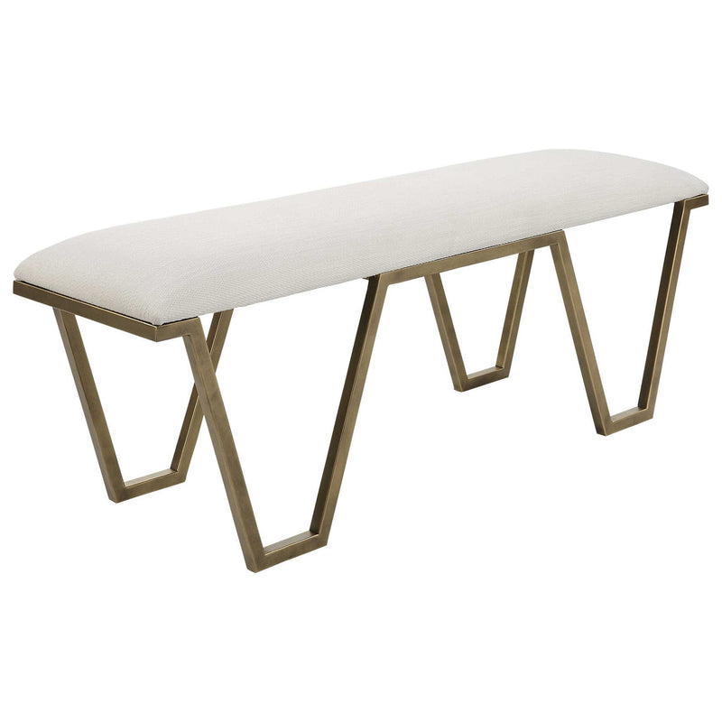 White geometric accent bench by Uttermost featuring a modern, angular design with a sturdy frame and sleek finish.