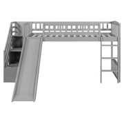 DreamHaus loft stairway bed with two drawers, convertible ladder, and slide, featuring a sturdy wooden frame and playful design.