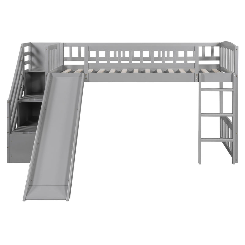 DreamHaus loft stairway bed with two drawers, convertible ladder, and slide, featuring a sturdy wooden frame and playful design.