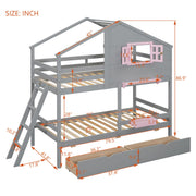 DreamHaus bunk bed with playhouse roof and window, featuring a sturdy wooden frame and fun, cozy design for kids' bedrooms.