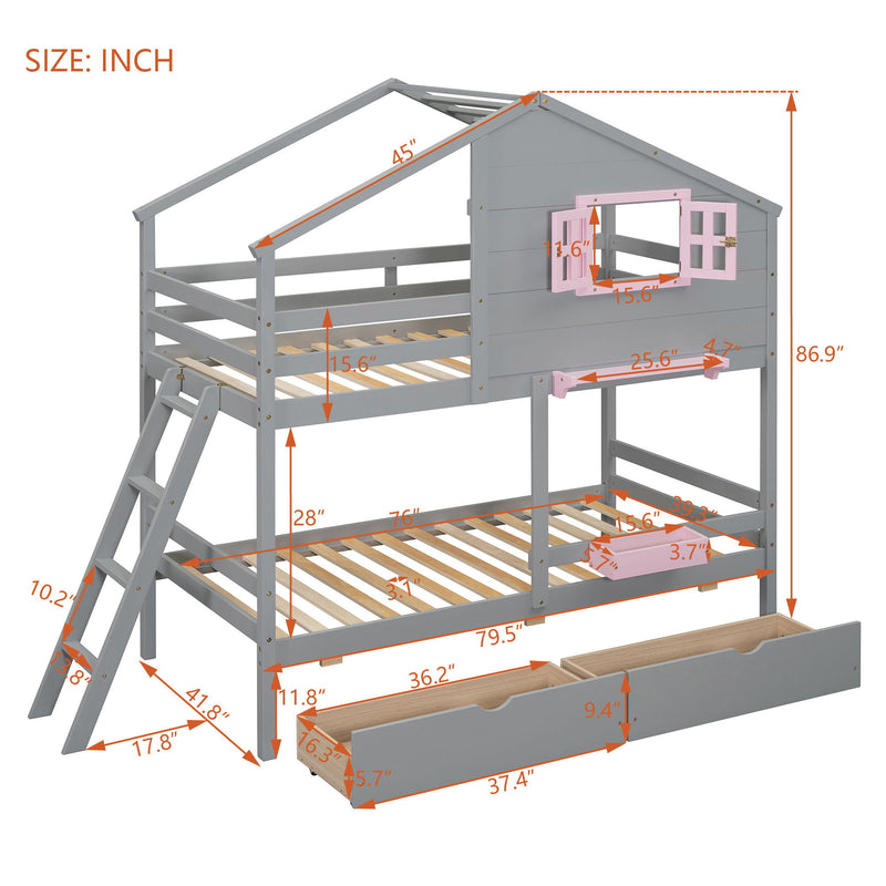DreamHaus bunk bed with playhouse roof and window, featuring a sturdy wooden frame and fun, cozy design for kids' bedrooms.