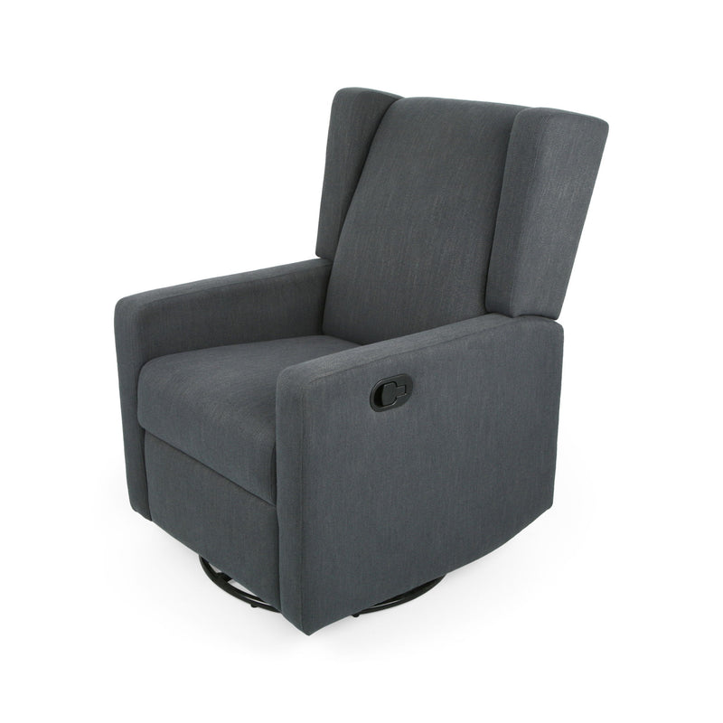 Noble House Landau contemporary fabric upholstered swivel recliner with cushioned seat and back, featuring a modern design.
