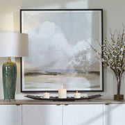 Soft Clouds framed print canvas art by Uttermost featuring a serene cloud design in pearl silver tones.