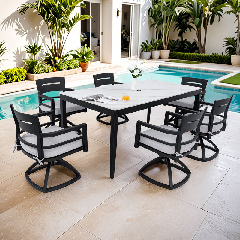 Modern Outdoor Patio Dining Set With Table And Chairs With Sunbrella Cushions - R&R Furniture Gallery (Fountain Valley, CA)