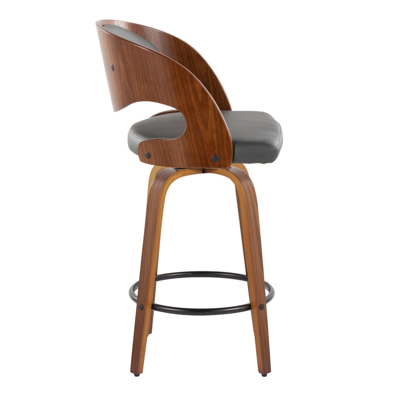 Set of two Lumi Source Pino mid-century modern barstools with swivel, fixed height, round footrest, and sleek wooden design.