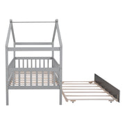 DreamHaus Creativity House Bed with twin-size trundle, featuring a playful house design and sturdy wooden frame for kids' bedroom.