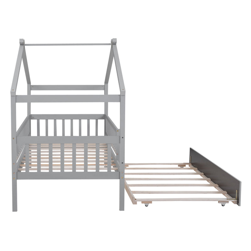 DreamHaus Creativity House Bed with twin-size trundle, featuring a playful house design and sturdy wooden frame for kids' bedroom.