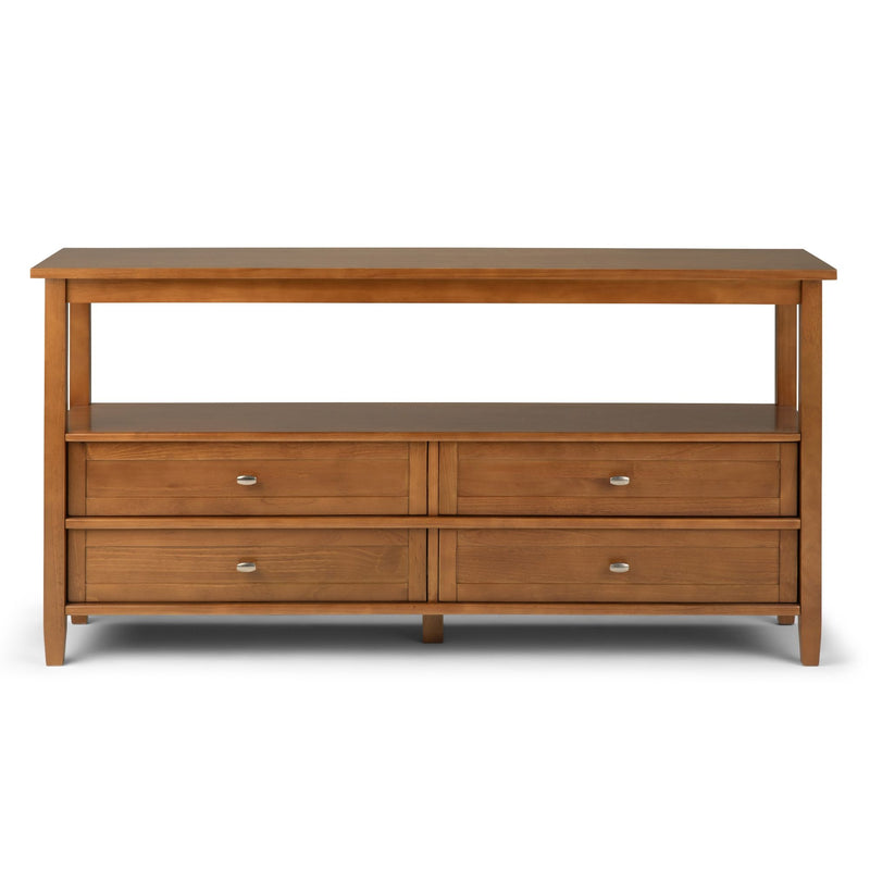 Light golden brown Simpli-Home Warm Shaker wide console sofa table with sleek, modern design and sturdy wooden construction.