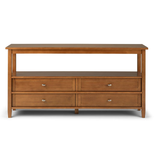 Light golden brown Simpli-Home Warm Shaker wide console sofa table with sleek, modern design and sturdy wooden construction.