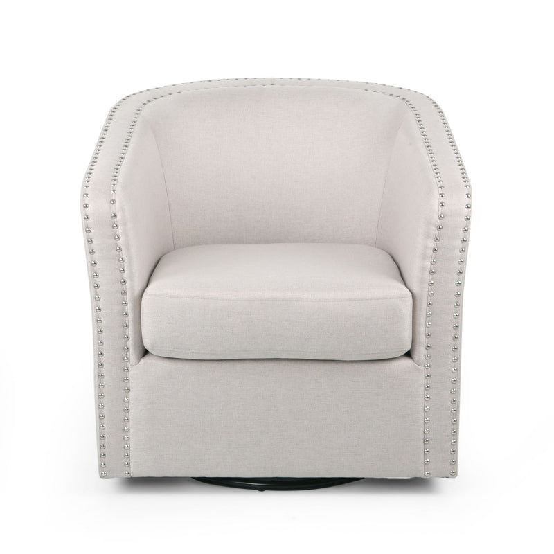 Noble House modern upholstered swivel club chair with nailhead trim, featuring a plush seat and stylish design.