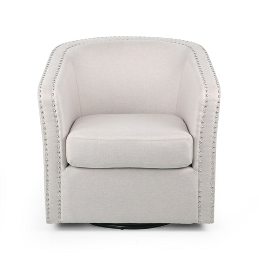 Noble House modern upholstered swivel club chair with nailhead trim, featuring a plush seat and stylish design.