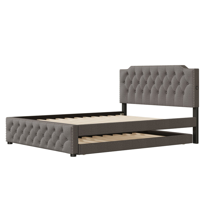 Upholstered Platform Bed With Trundle And 2 Sets Of USB Ports On Each Side, Fabric - R&R Furniture Gallery (Fountain Valley, CA)