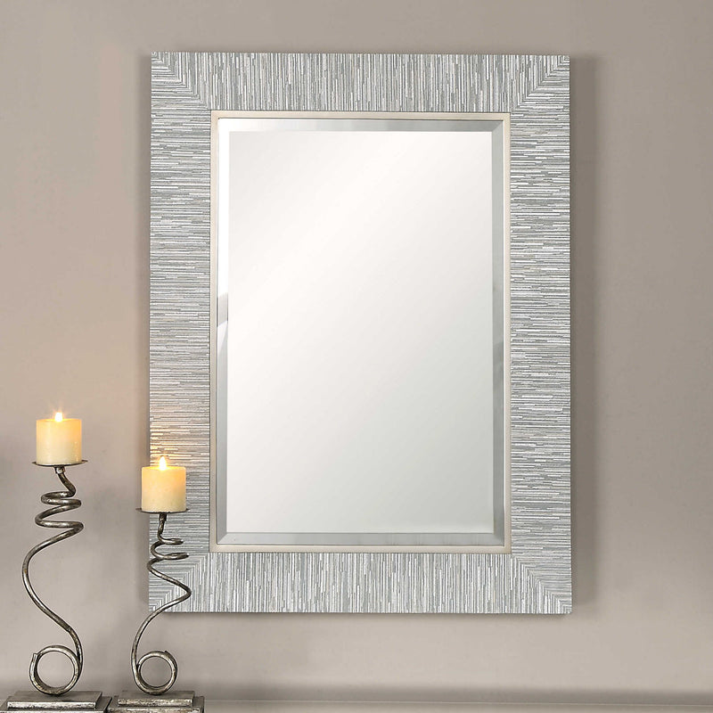 Gray wooden wall mirror by Uttermost, Belaya design with a sleek frame, suitable for modern or rustic decor.