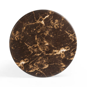 Dark brown Byron round coffee table by TOV Furniture with smooth wooden surface and modern design, shown in a living room setting.