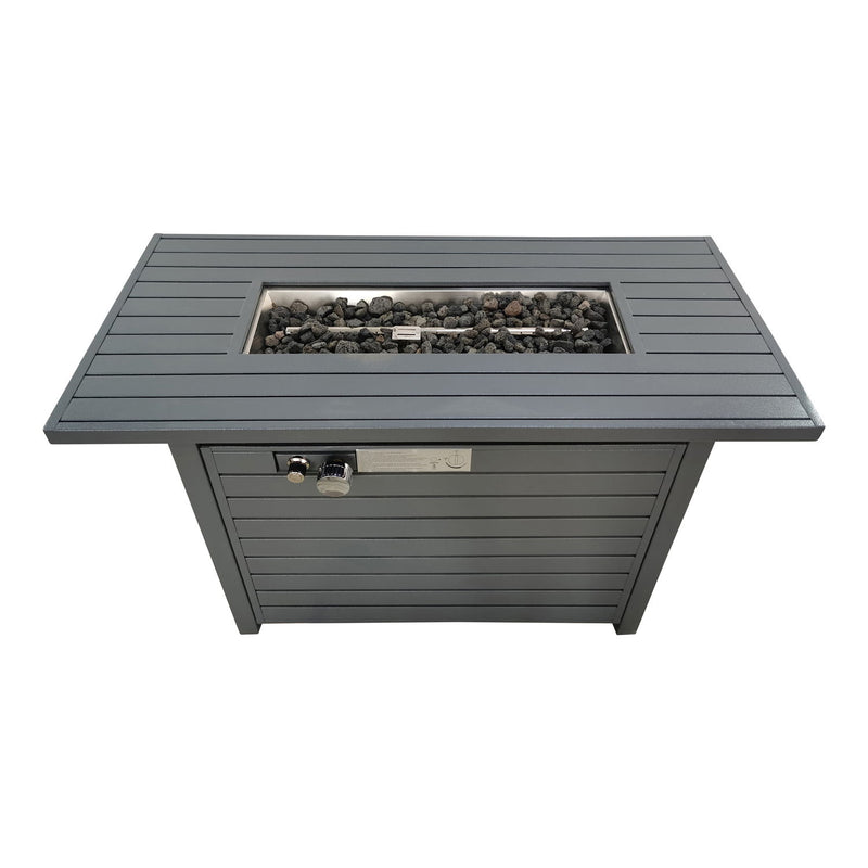 Gray outdoor fire pit table with lid, durable construction, by LSI Patio Furniture, featuring a modern design and sturdy surface.