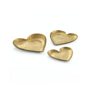 Set of three brass hammered iron heart-shaped catchalls serving bowls by TOV Furniture, decorative and functional for jewelry or keys.
