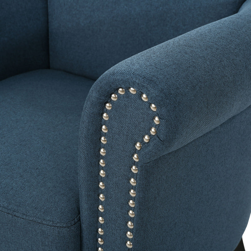Noble House elegant club arm chair with nailhead trim, Birch wood legs, upholstered in soft fabric for stylish comfort.