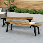 Pair of teak dining benches from Noble House, showcasing sturdy wooden design suitable for kitchen or dining room seating.