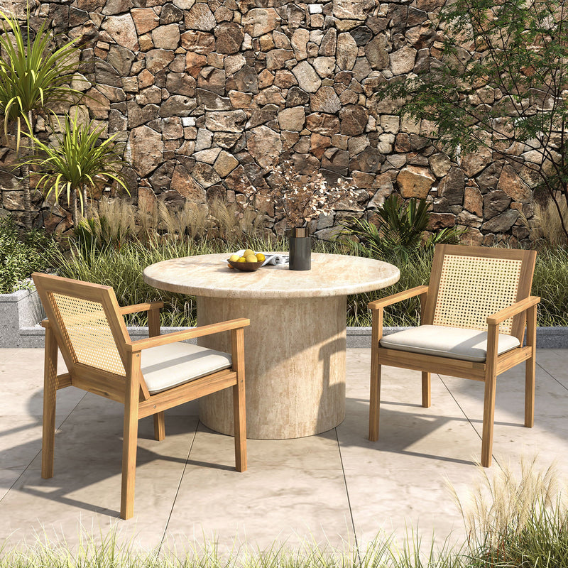 Noble House Preston outdoor dining chair set with teak frames and beige cushions, two chairs shown with armrests and woven design.