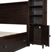 DreamHaus cabinet bed with integrated shelf, storage cabinet, and built-in sockets, shown in a modern bedroom setting.