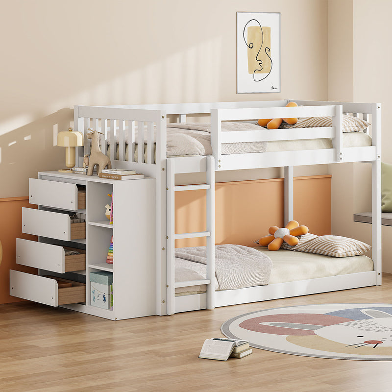 DreamHaus bunk bed with four drawers and three shelves, featuring sturdy wood construction and space-saving design for kids' bedroom