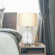 Aurora - Ribbed Lamp Base Clear Table Lamp Large Linen Shade - Beige / Clear / Gold - R&R Furniture Gallery (Fountain Valley, CA)
