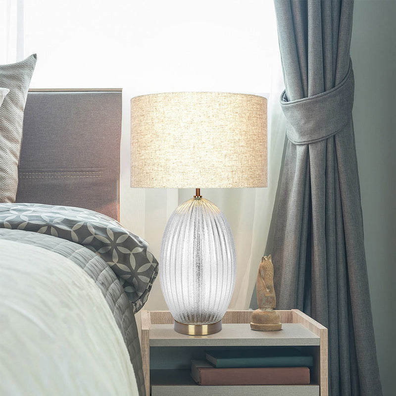 Aurora - Ribbed Lamp Base Clear Table Lamp Large Linen Shade - Beige / Clear / Gold - R&R Furniture Gallery (Fountain Valley, CA)