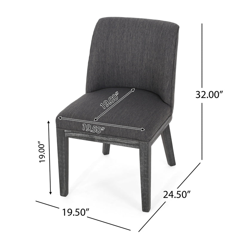 Set of two Noble House modern dining chairs with durable fabric upholstery and sturdy wooden frames, shown from a side angle.