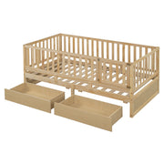 DreamHaus storage daybed with fence guardrails and two drawers, convertible into a separate floor bed and daybed.