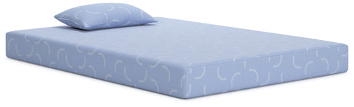 Sierra Sleep® by Ashley Ikidz Ocean twin size memory foam mattress and pillow set in blue, with the mattress and pillows displayed together.