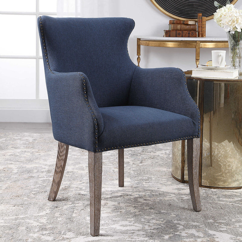 Blue Yareena wingback chair by Uttermost featuring plush upholstery and a classic wingback design for elegant comfort.