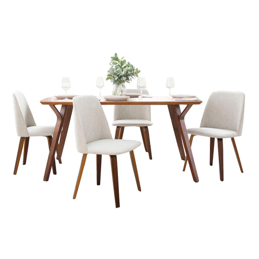 Lumi Source Folia Toriano 5-piece mid-century modern dining set with walnut finish and beige upholstery, includes table and four chairs.