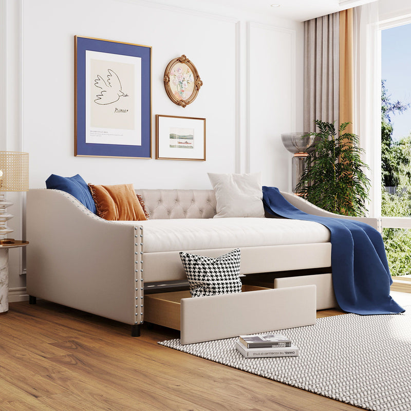 DreamHaus upholstered storage daybed with two drawers and wood slat support, showcasing a comfortable, stylish bedroom furniture piece.