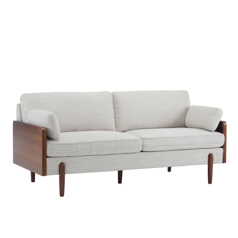 Noble House mid-century modern sofa with wood sides, stationary design, featuring clean lines and plush upholstery.