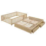 DreamHaus storage daybed with fence guardrails, two drawers, convertible into independent floor bed and daybed, in a cozy bedroom setting.
