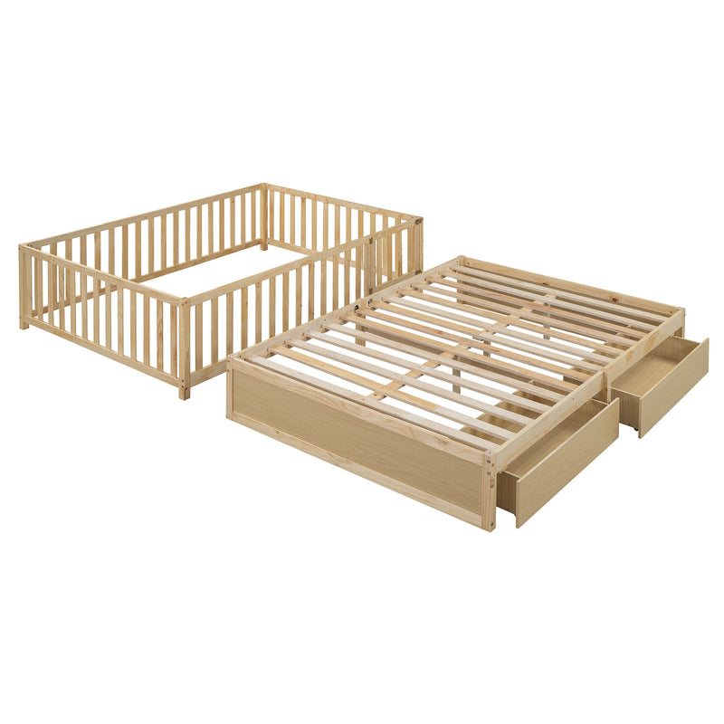 DreamHaus storage daybed with fence guardrails, two drawers, convertible into independent floor bed and daybed, in a cozy bedroom setting.