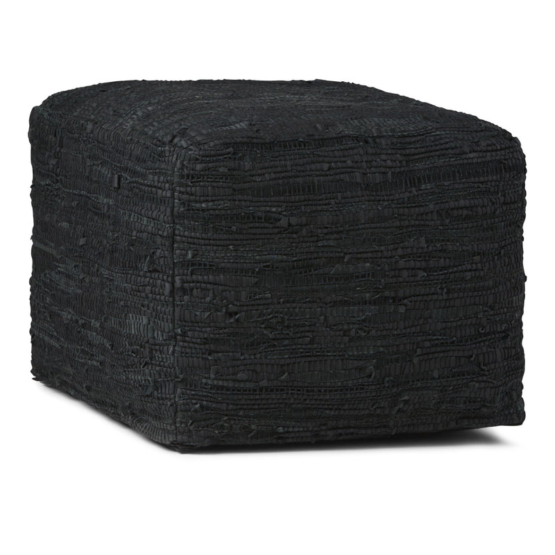 Simpli-Home Fredrik handcrafted square accent pouf with textured fabric, versatile for living room or seating areas.