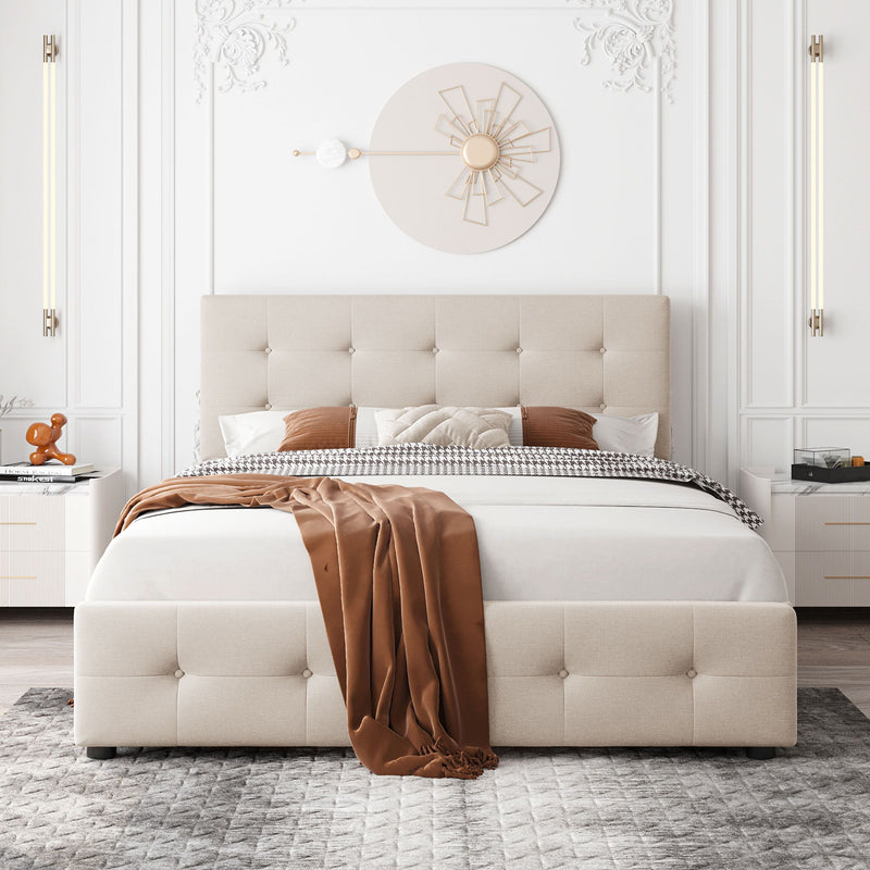 DreamHaus upholstered platform bed with classic headboard and built-in storage drawers, no box spring required, in a modern bedroom setting.
