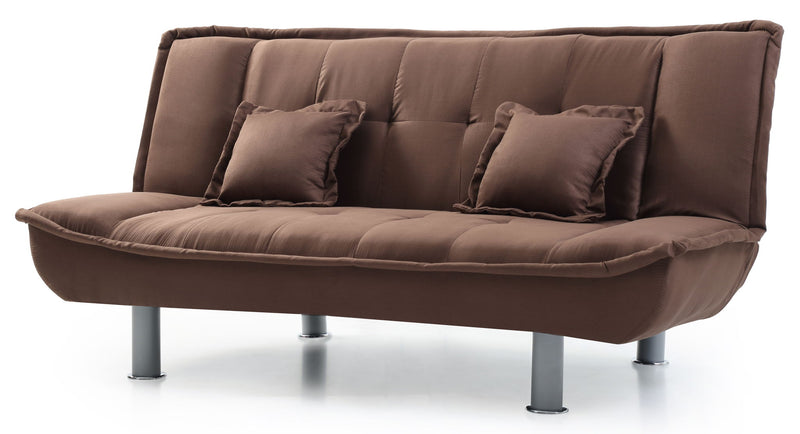 Glory Furniture Lionel sofa bed futon sofa with wooden frame and fabric upholstery, shown in a compact, functional living room setting.