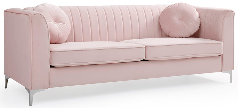 Delray micro suede stationary sofa by Glory Furniture with plush cushions and modern design, shown in a cozy living room setting