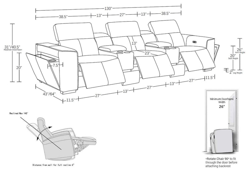 1224 - 5-Piece Modular Power Reclining Sofa In With 3 Power Recliners & Power Headrests