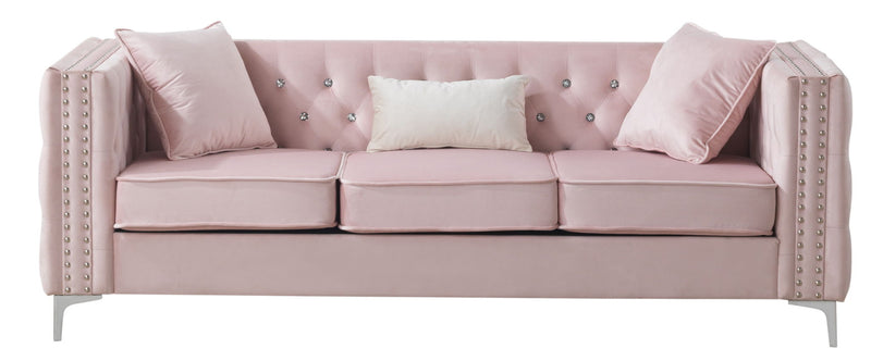 Glory Furniture Paige stationary sofa with plush cushions and neutral upholstery, ideal for modern living room decor.