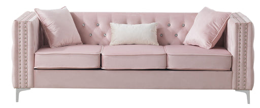 Glory Furniture Paige stationary sofa with plush cushions and neutral upholstery, ideal for modern living room decor.