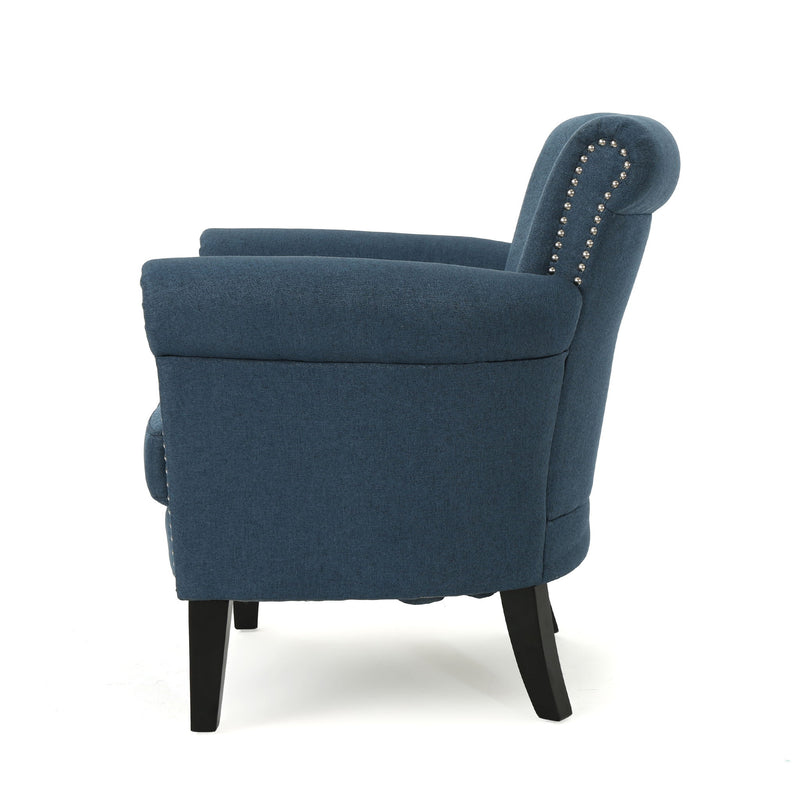 Noble House elegant club arm chair with nailhead trim and birch wood legs, featuring plush upholstery and classic design.
